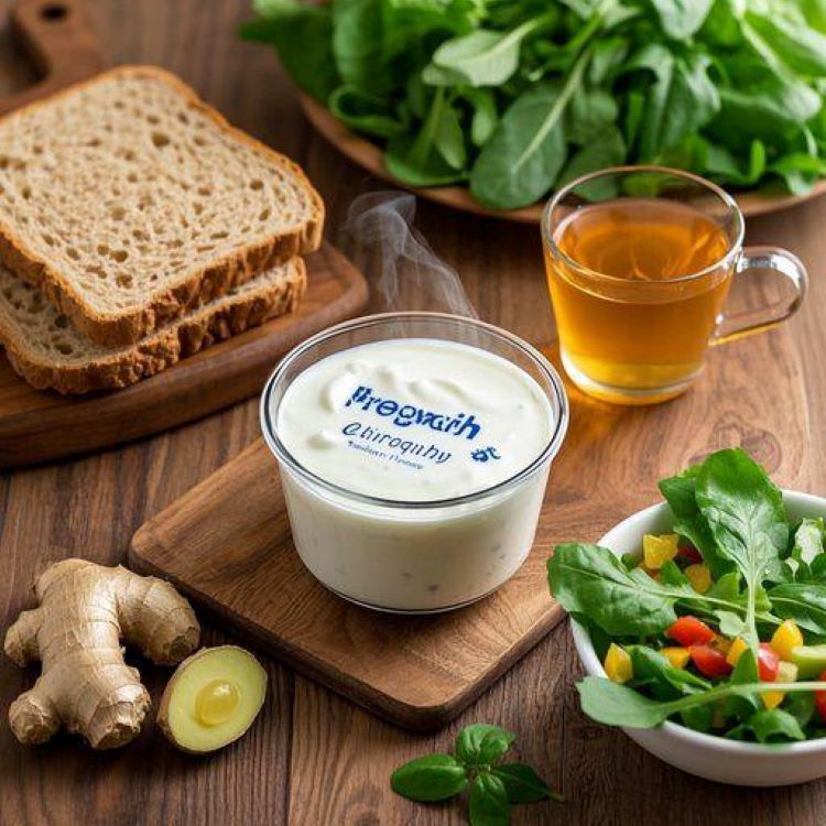 식탁 위에 프로바이오틱스가 풍부한 요구르트, 식이섬유가 풍부한 샐러드와 통곡물 빵, 그리고 항염증 효과가 있는 생강차가 놓여있는 모습. 건강한 식단을 통한 장 건강 관리를 보여주는 밝고 깨끗한 이미지.