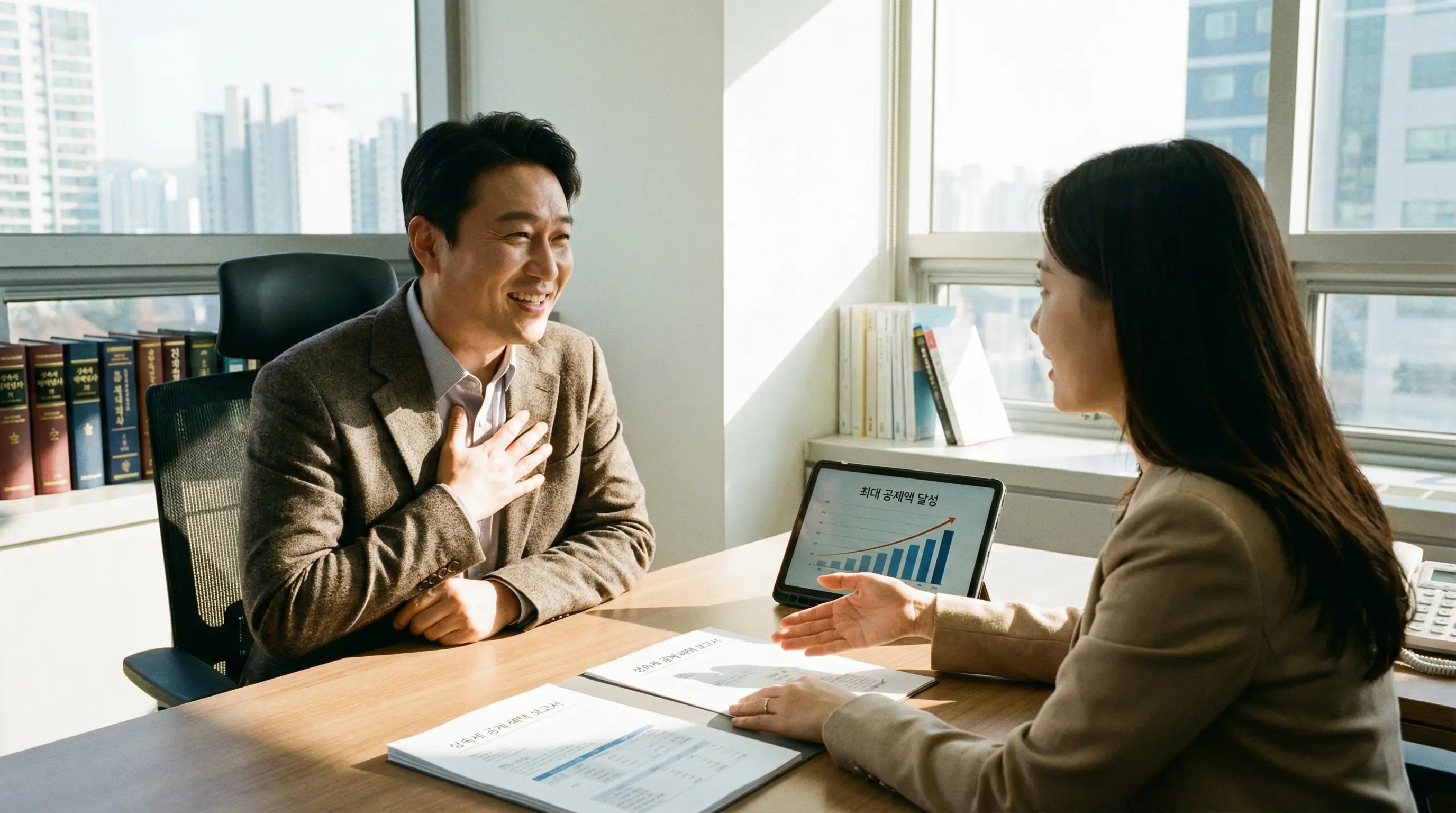 상속 전문 세무사와 상담하여 최대 공제 혜택을 확인하고 안도하는 상속인의 모습