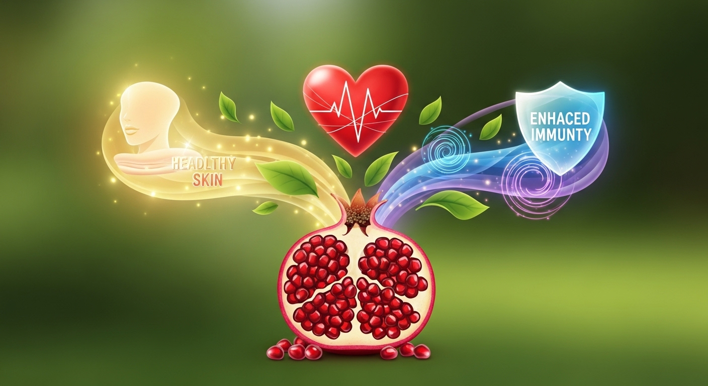 석류의 항산화, 여성 건강, 심혈관 개선 등 다양한 효능을 상징적으로 표현한 이미지