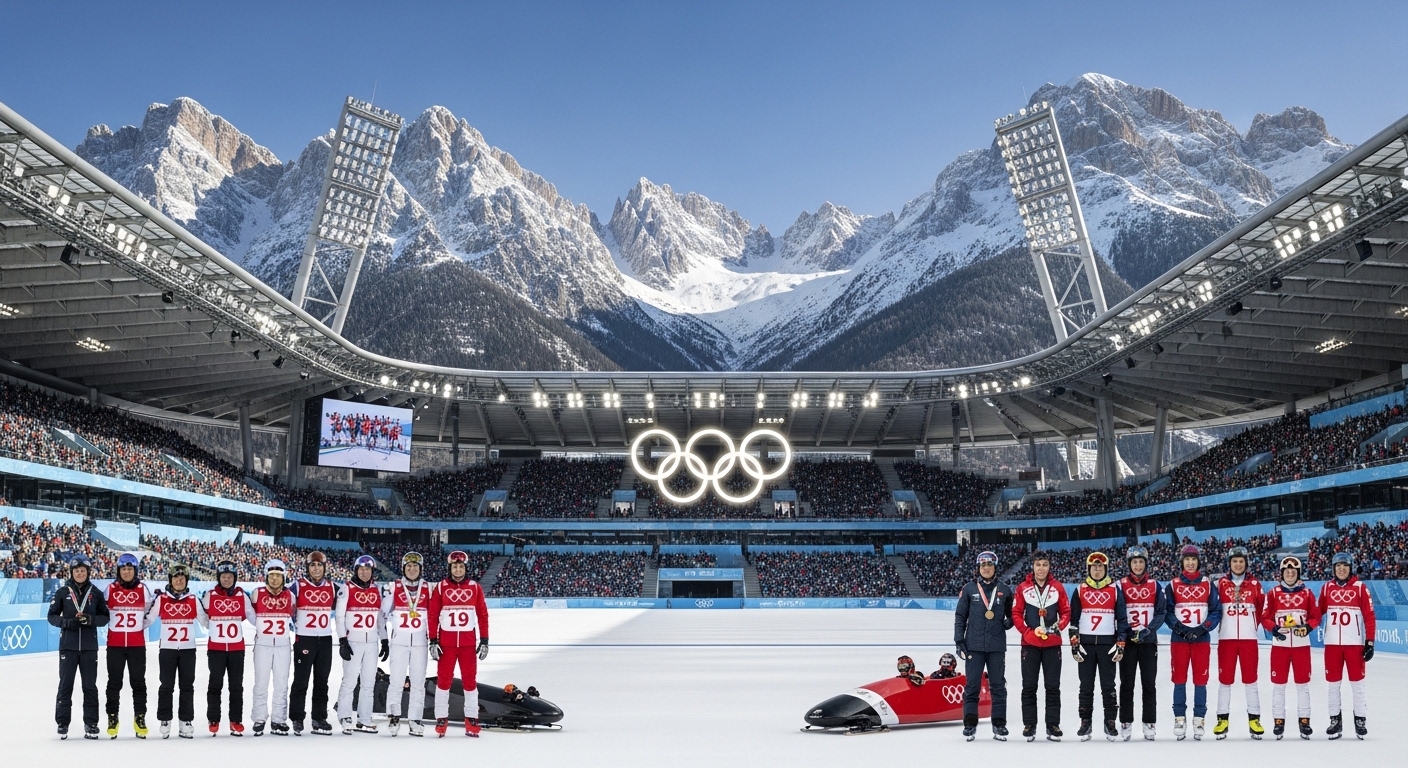 2026 밀라노-코르티나 동계올림픽 경기와 메달 유망주를 상징하는 미래지향적인 포스터 디자인 이미지