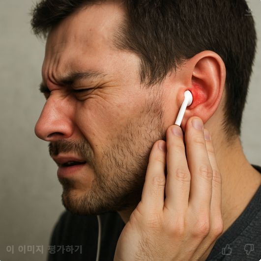 외이도염으로 인해 이어폰이 직접 닿는 부위가 붉게 염증이 생기고 통증으로 인해 얼굴을 찡그린 모습