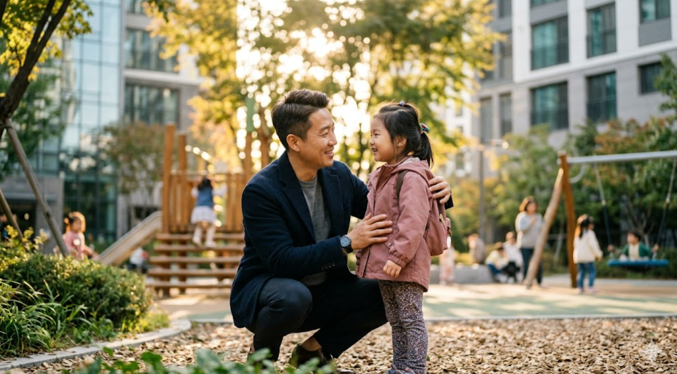 놀이터에서 새치기나 거친 행동을 하는 과격한 친구를 만났을 때 전두엽 미성숙과 투쟁 반응 등 뇌 과학적 원인을 이해하고 아빠의 부드러운 몸 차단막과 감정 제로 대화법으로 5살 자녀를 보호하는 다정한 현실 육아 일상 대표 이미지