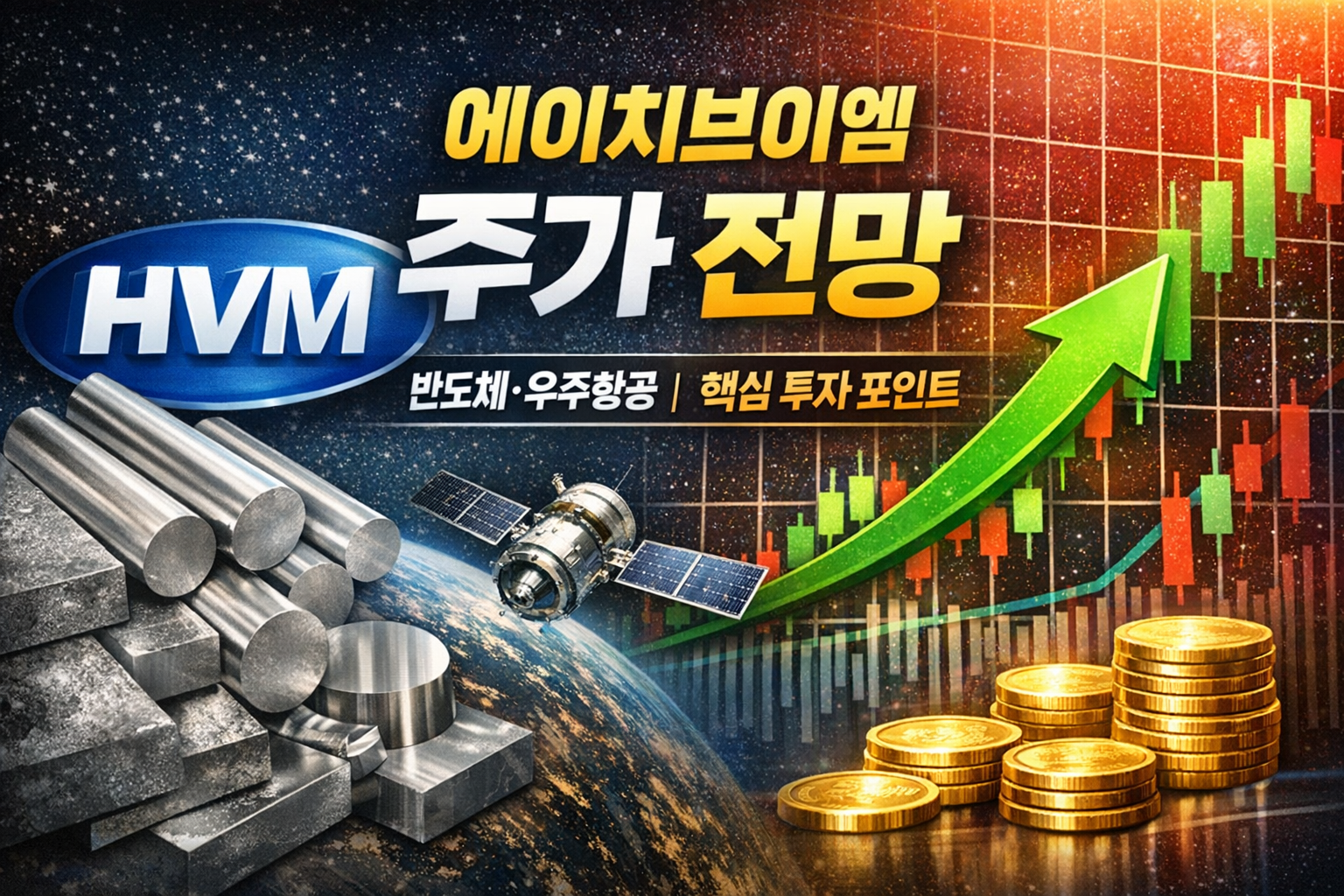 에이치브이엠 주가 차트와 첨단 특수금속 소재 이미지를 결합한 투자 분석 썸네일