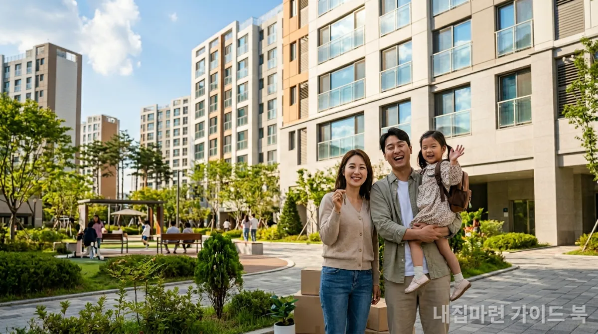 새로운 공공분양 아파트 앞에서 행복해하는 젊은 한국인 가족