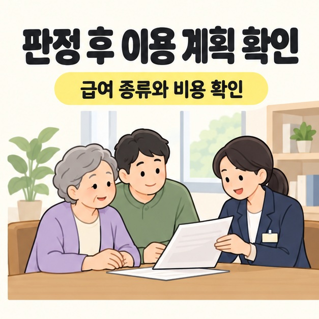 판정 후 이용 계획 확인 문구 아래 노인과 가족이 기관 담당자와 이용 계획 문서를 살펴보는 모습