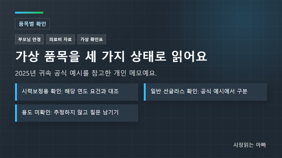 확인 기준: 시력보정용 확인: 해당 연도 요건과 대조; 일반 선글라스 확인: 공식 예시에서 구분; 용도 미확인: 추정하지 않고 질문 남기기