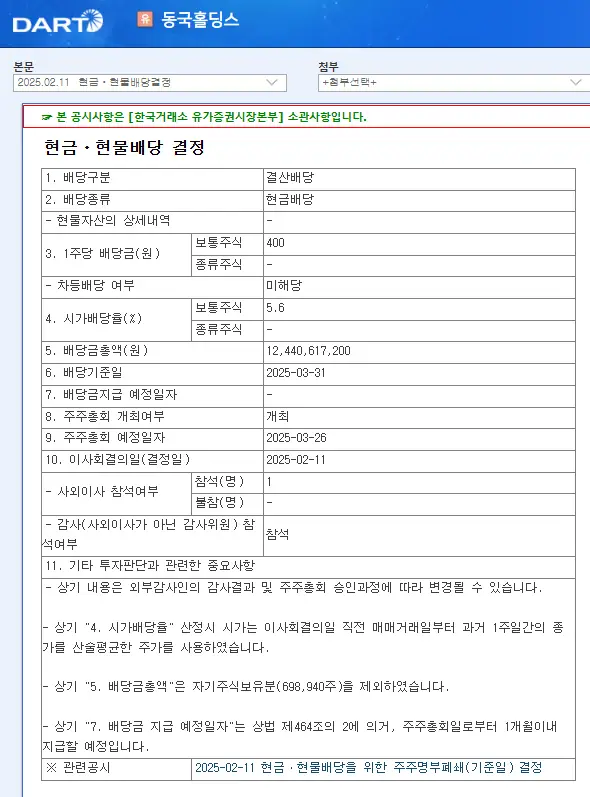 동국홀딩스(001230) 2025년 배당금