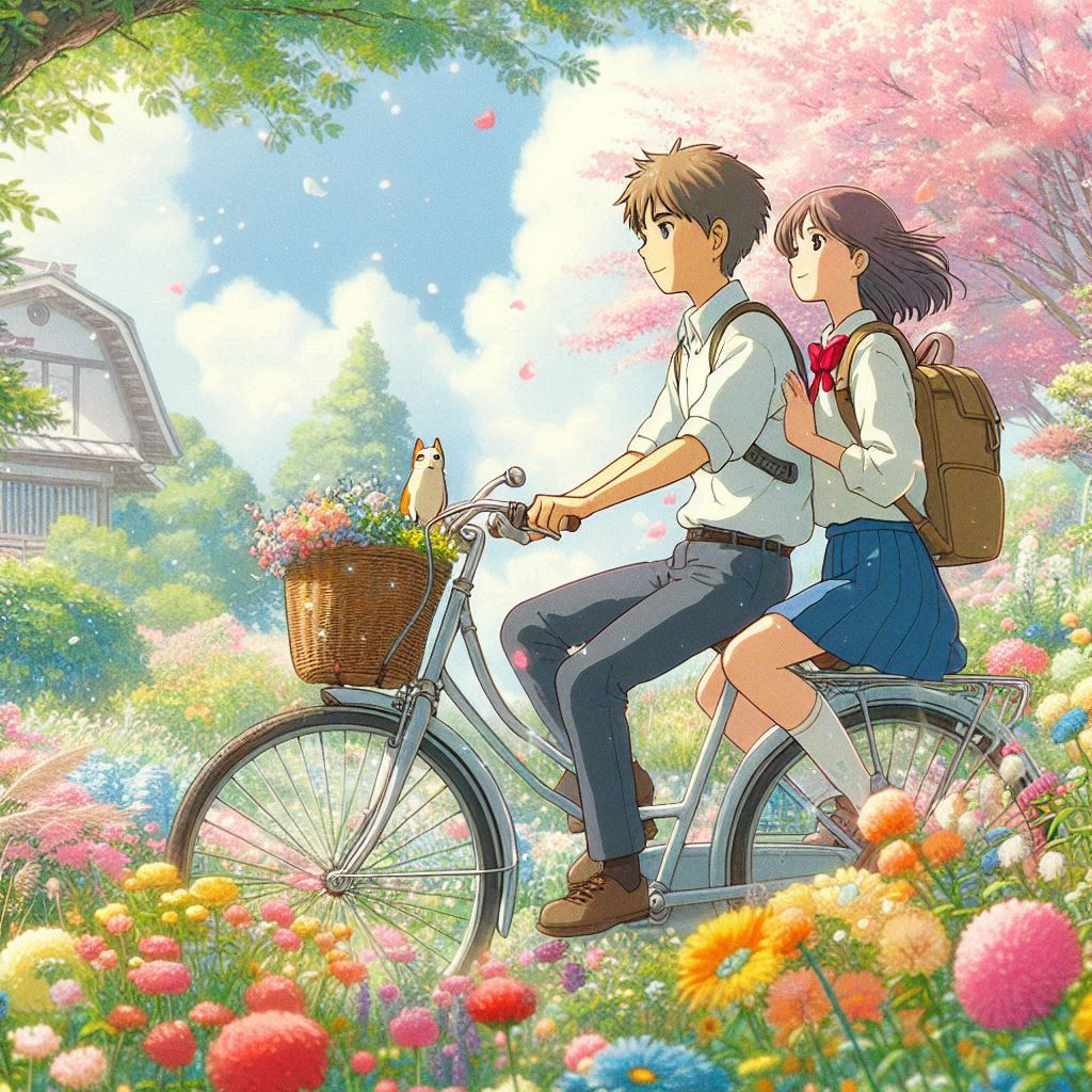 지브리 스타일로 자전거 타는 소년 소녀