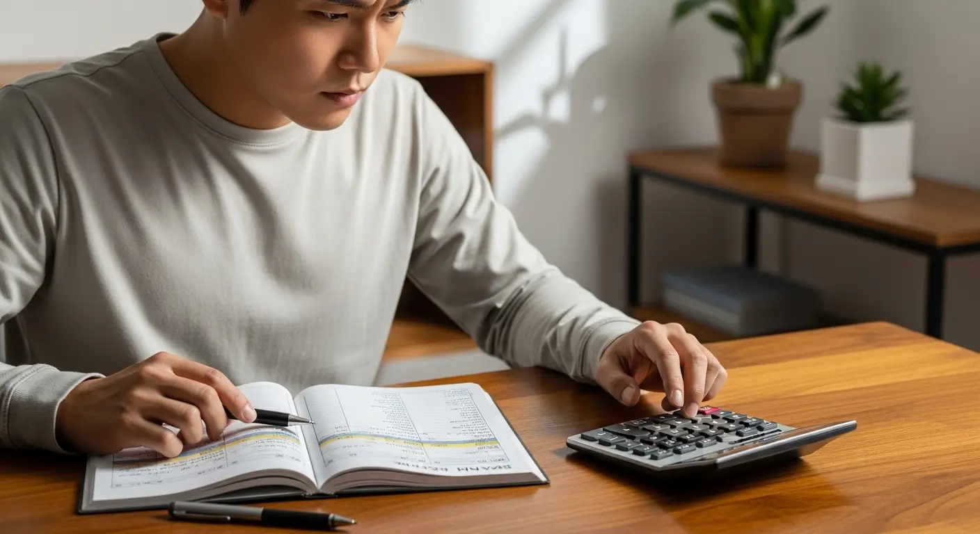 계산기와 통장을 앞에 두고 대출 상환과 투자 사이에서 고민하는 한국인의 모습