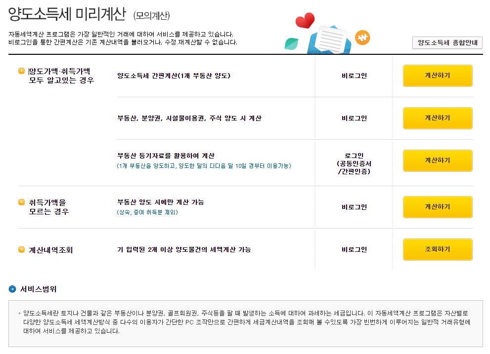 양도소득세 자동계산(홈택스)