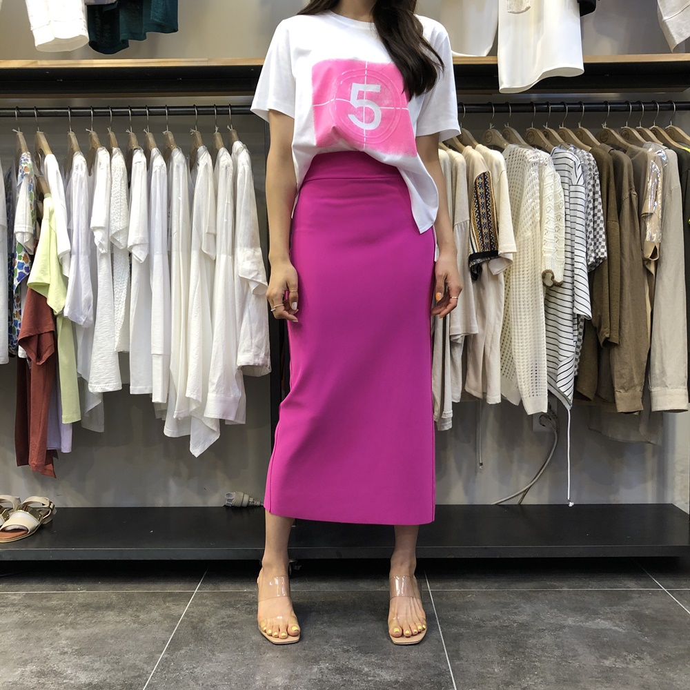 하이웨스트 스판 밴딩 핫핑크 H라인 롱 스커트