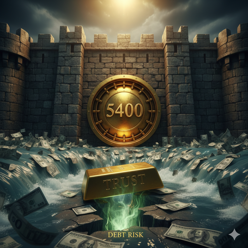 거대한 석조 성벽 중앙에 박힌 황금색 금고 다이얼과 그 위에 새겨진 숫자 '5400'. 성벽 앞 갈라진 지면 사이로는 거센 물살과 함께 수많은 달러 지폐가 소용돌이치며 빨려 들어가고 있습니다. 그 소용돌이 한가운데에는 'TRUST'라고 새겨진 골드바가 아슬아슬하게 걸쳐져 있으며, 화면 하단에는 'DEBT RISK'라는 문구가 강조되어 있습니다.