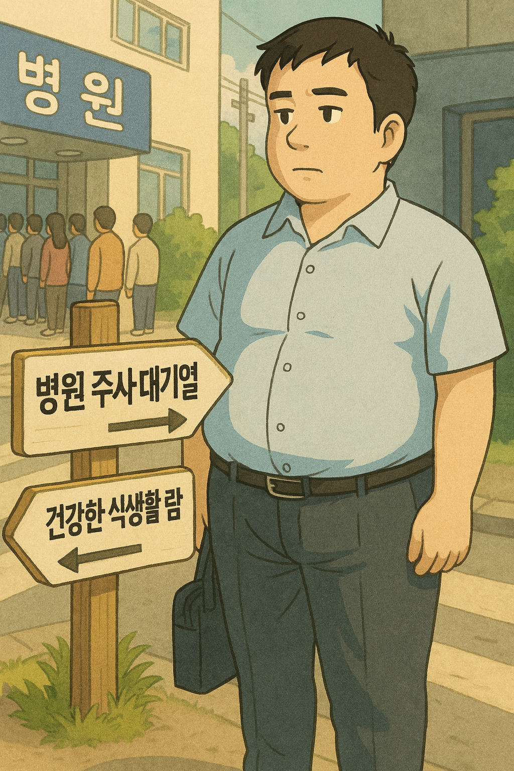 “갈림길에 선 인물이 마운자로 주사를 맞을지 고민하는 모습의 일러스트”