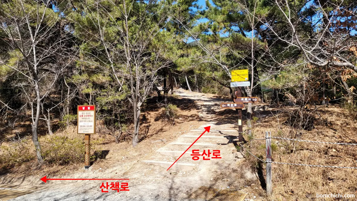 부산 해운대 장산 성불사 산책로와 등산로 갈림길 사진