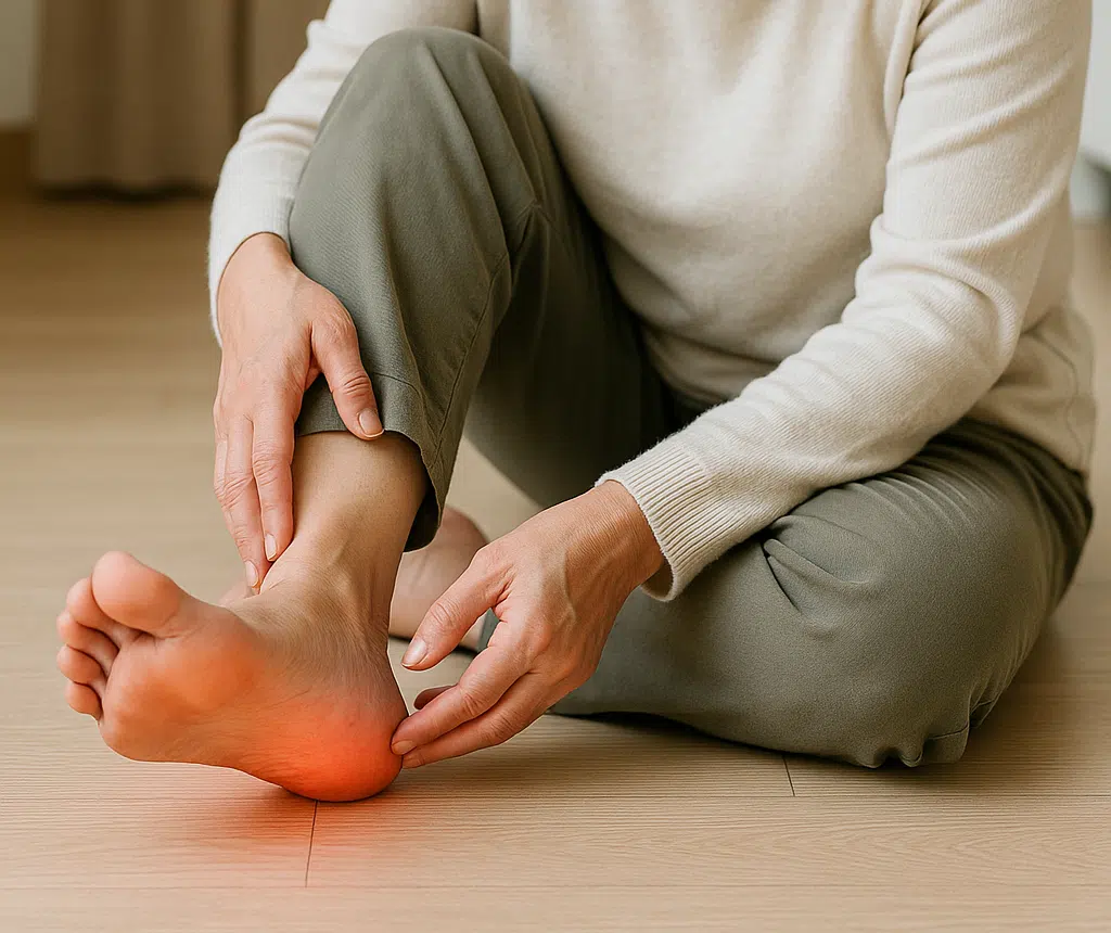 중년 여성이 오른쪽 발바닥을 짚으며 아파하는 장면