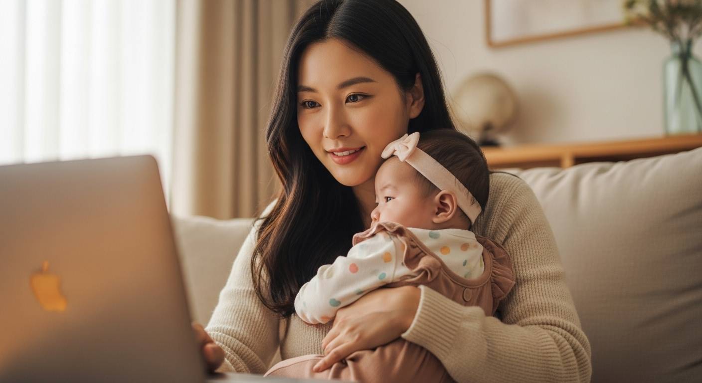 아기를 안고 노트북으로 업무 중인 엄마의 모습