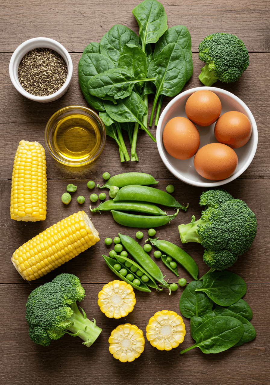 시금치, 케일, 브로콜리, 옥수수, 완두콩, 달걀과 올리브유가 담긴 루테인 함유 식품 구성
