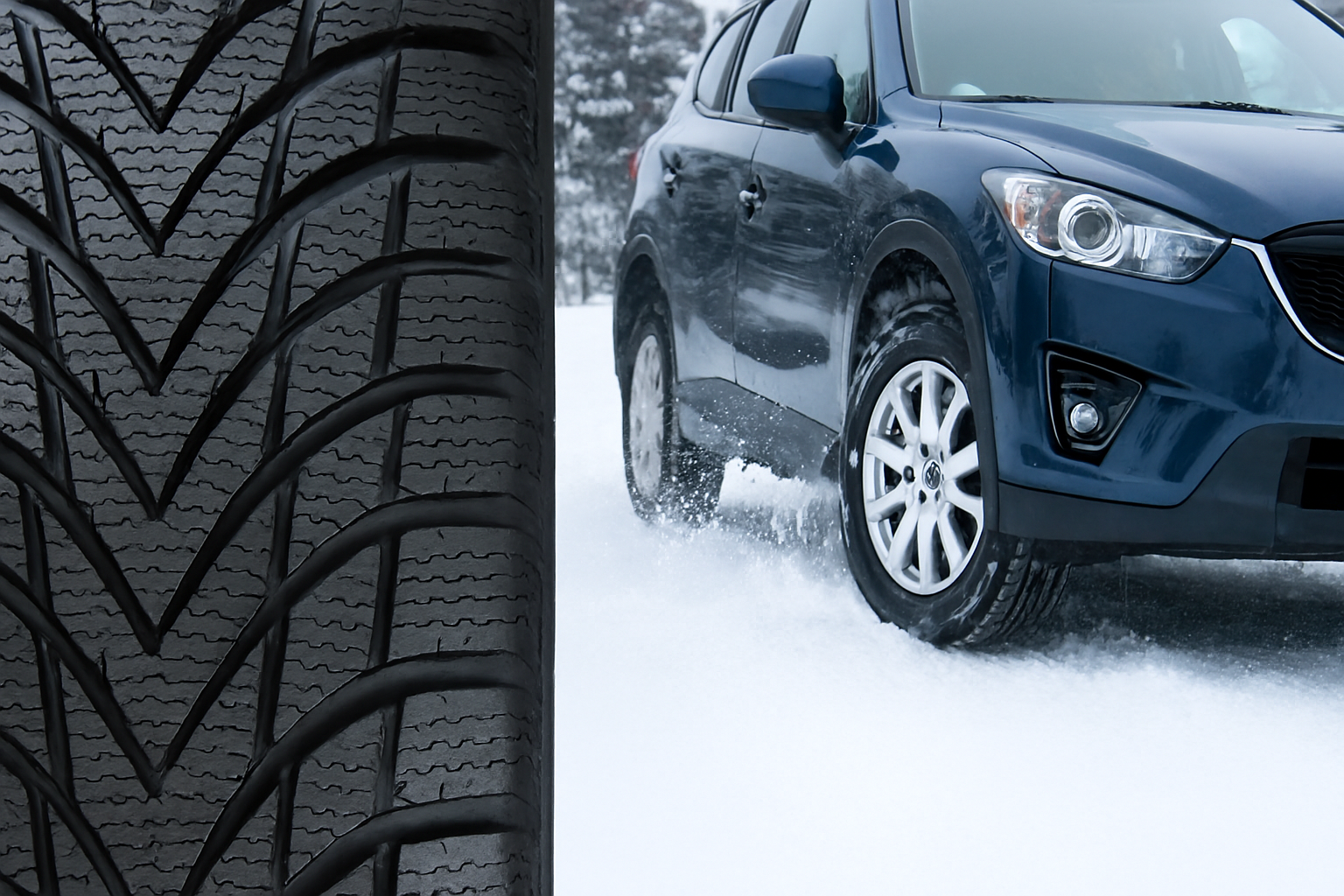 겨울용 타이어의 트레드 패턴과 눈길 주행 모습의 이미지