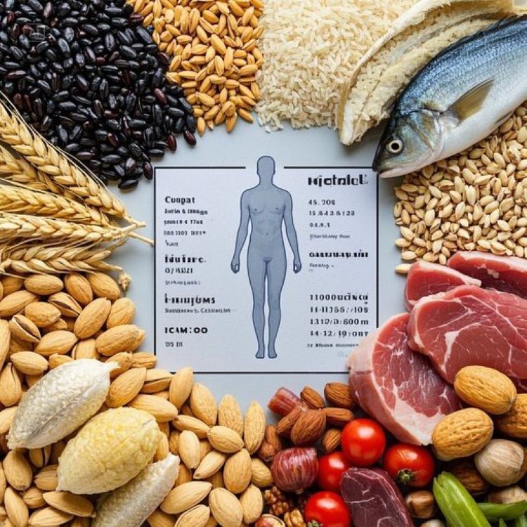 한쪽에는 밀, 쌀, 보리 등의 곡물들이 어둡게 배치되어 있고, 다른 한쪽에는 신선한 고기, 생선, 채소, 견과류가 생동감 넘치게 배열된 대조적 구성. 중앙에는 건강한 인체 실루엣과 영양소 분석 차트가 은은하게 오버레이되어, 과학적이면서도 희망적인 메시지를 전달하는 이미지