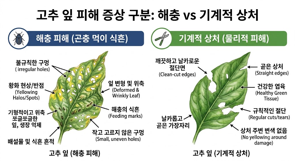 고추 잎 총채벌레 피해와 기계적 상처 구별 기준 다이어그램