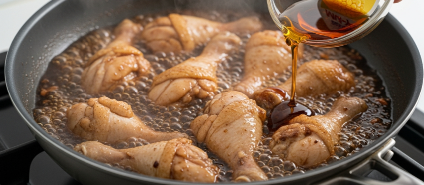 마지막에 물엿을 넣어 윤기를 내기 직전의 조림 과정