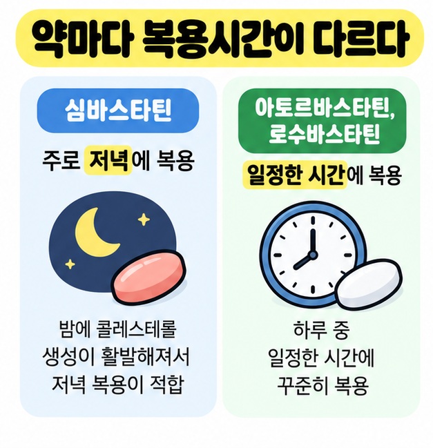 심바스타틴은 저녁, 아토르바스타틴과 로수바스타틴은 일정한 시간에 복용하는 차이를 보여주는 카드