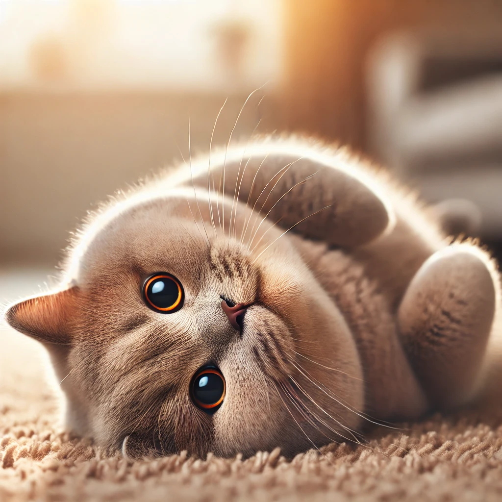 부드러운 카펫 위에서 뒹굴며 행복한 표정을 짓고 있는 브리티시 숏헤어 고양이. 귀여운 둥근 얼굴과 밝은 눈이 돋보이는 장면.