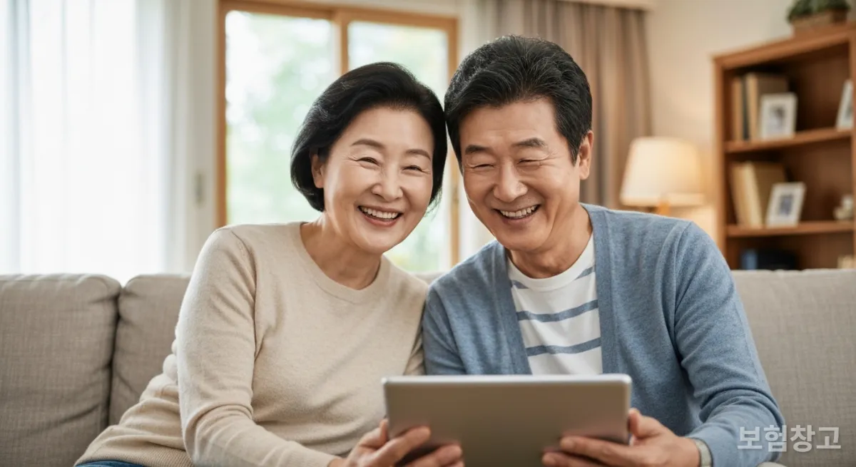 거실에서 태블릿으로 노후 계획을 확인하는 중년 부부