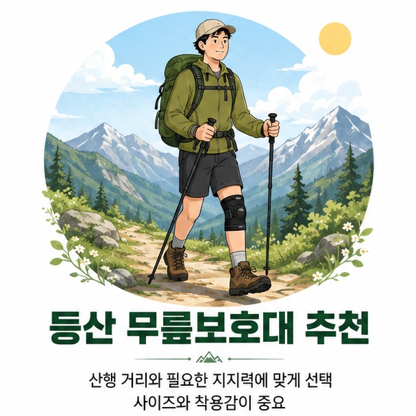 등산객이 무릎보호대를 착용하고 산길을 걷는 모습을 통해 등산용 무릎보호대는 산행 거리와 필요한 지지력, 착용감을 기준으로 선택해야 함을 보여 주는 그림