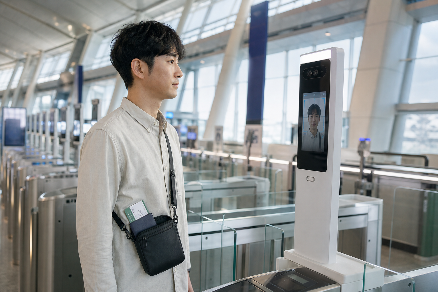 공항 스마트패스 얼굴인식 출국장을 통과하는 여행자