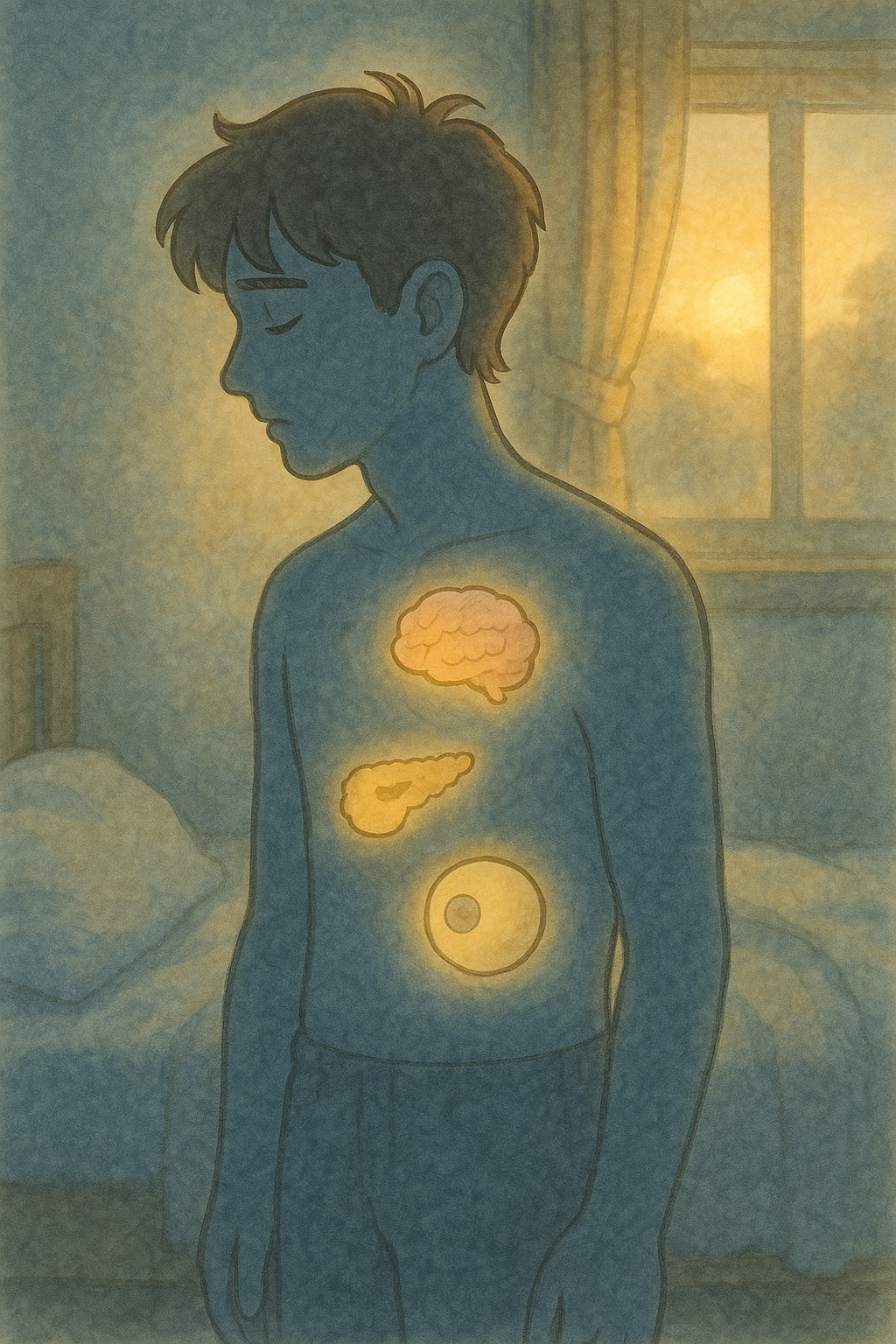 “아침에 흐릿하게 깨어나는 사람의 내부에서 뇌·췌장·세포가 미세하게 깜빡이며 구조적 경고를 보내는 이미지”