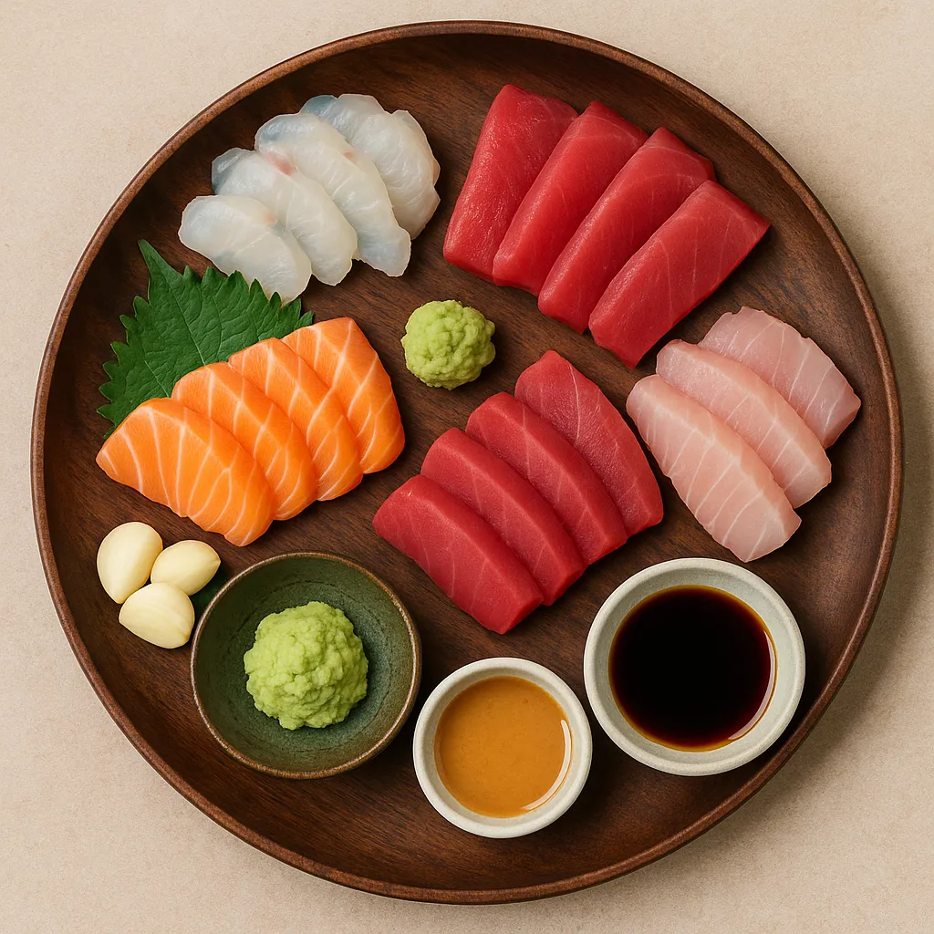 마늘과 소스를 곁들인 모둠회 접시