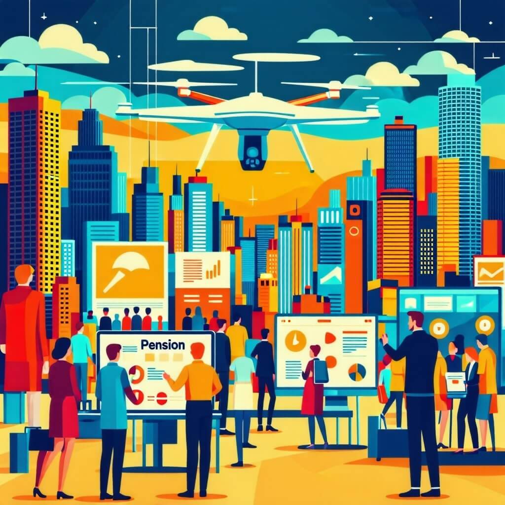 국민연금의 미래: 미래의 연금 제도를 상상한 이미지. 기술 발전과 함께 변화하는 연금 시스템을 나타내는 그래픽.