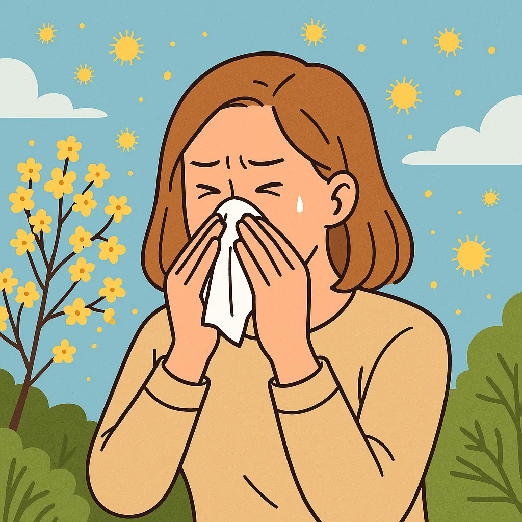 봄철-꽃가루가-날리는-야외에서-알레르기-비염으로-코를-푼-여성의-모습-계절적-요인으로-비염이-심해지는-원리를-표현한-장면
