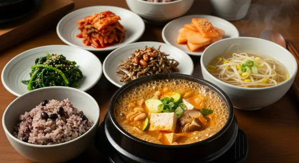 청국장, 나물 반찬, 김치, 콩나물국, 콩밥이 맛있게 차려 있는 식탁 모습