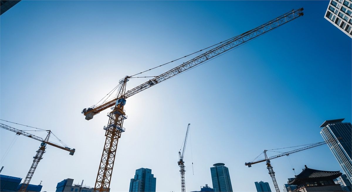 푸른 하늘 아래 높이 솟은 건설 크레인 상징 장면 