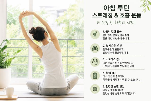 아침 햇살이 드는 실내에서 가볍게 스트레칭하며 호흡 운동을 하는 여성