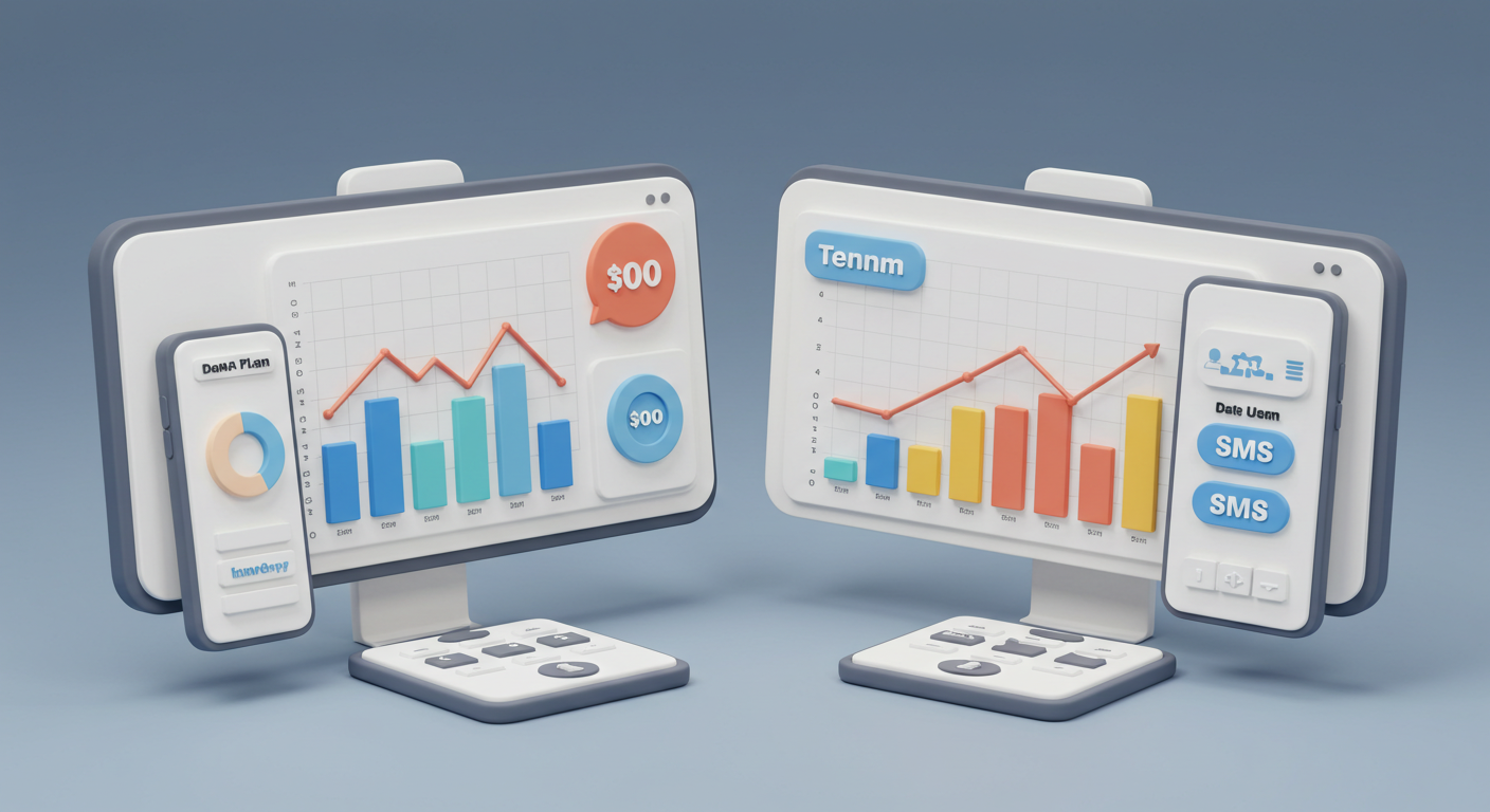 두 개의 통신사 요금제를 비교하는 3D 스타일 일러스트