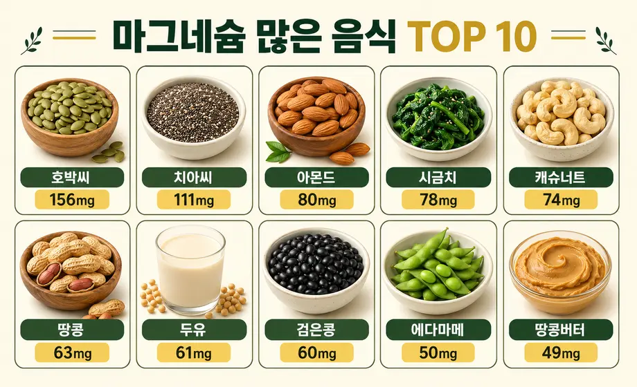 호박씨 치아씨 아몬드 시금치 등 마그네슘 많은 음식 TOP 10과 함량 비교