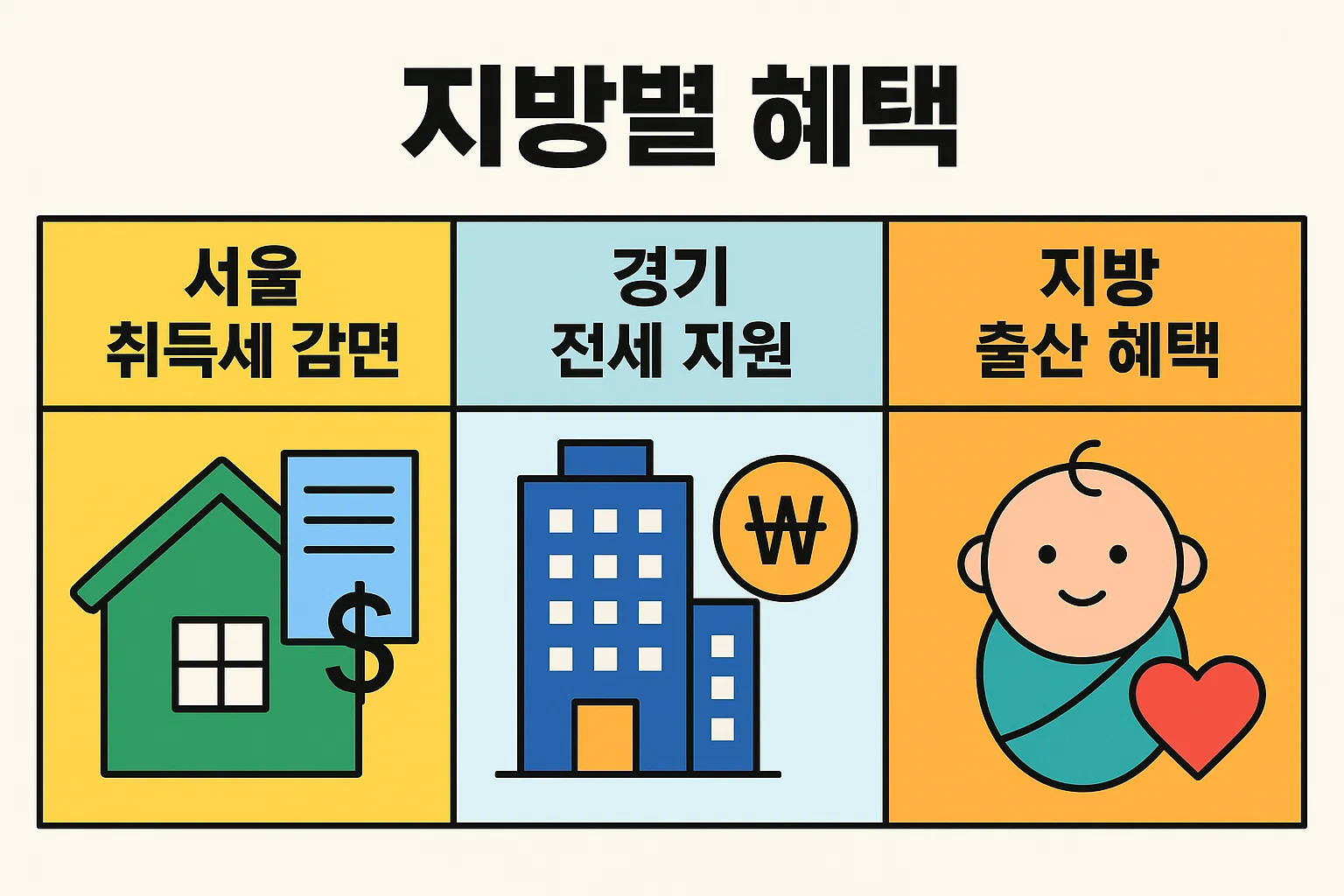 서울 취득세 감면, 경기 전세 지원, 지방 출산 혜택 등 지역별로 달라지는 신혼부부 세금혜택과 지원 정책을 보여주는 인포그래픽입니다.