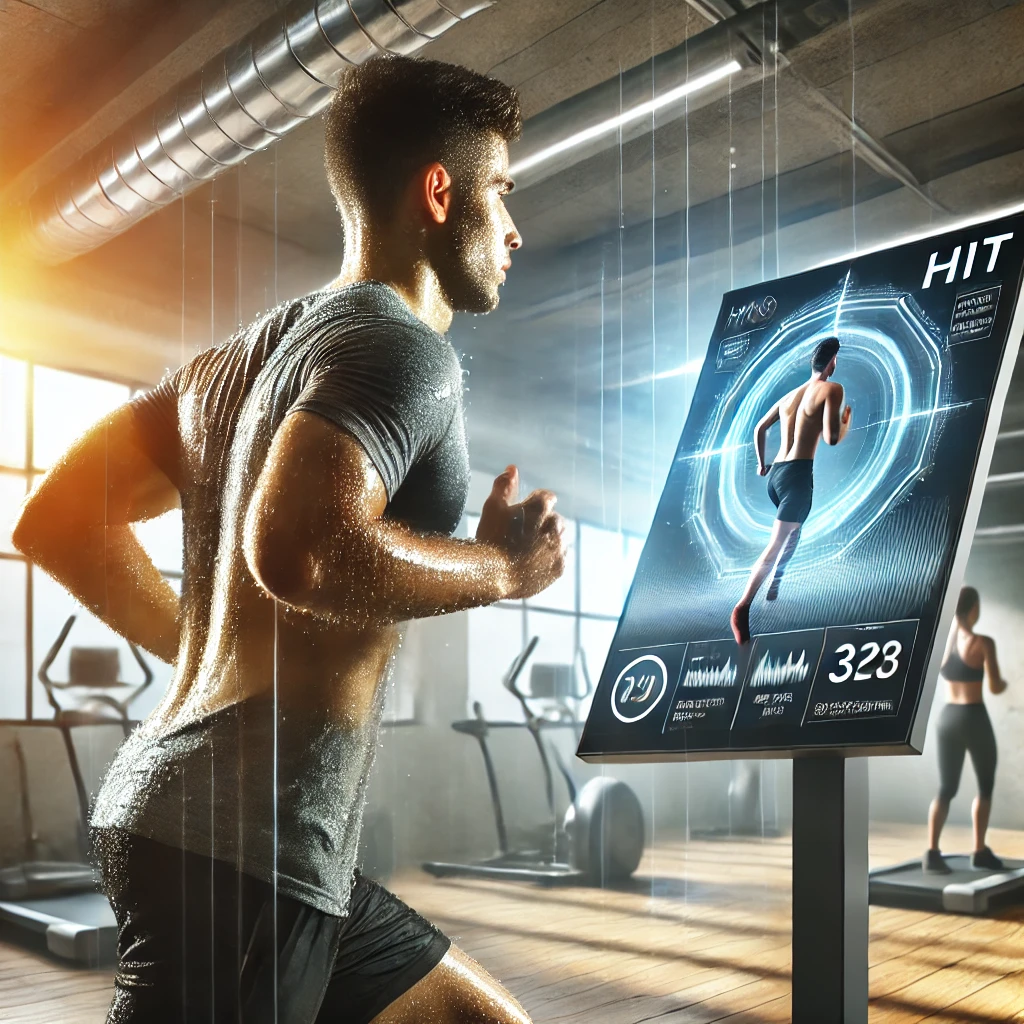 스마트 피트니스 미러를 활용해 실시간으로 운동하는 장면