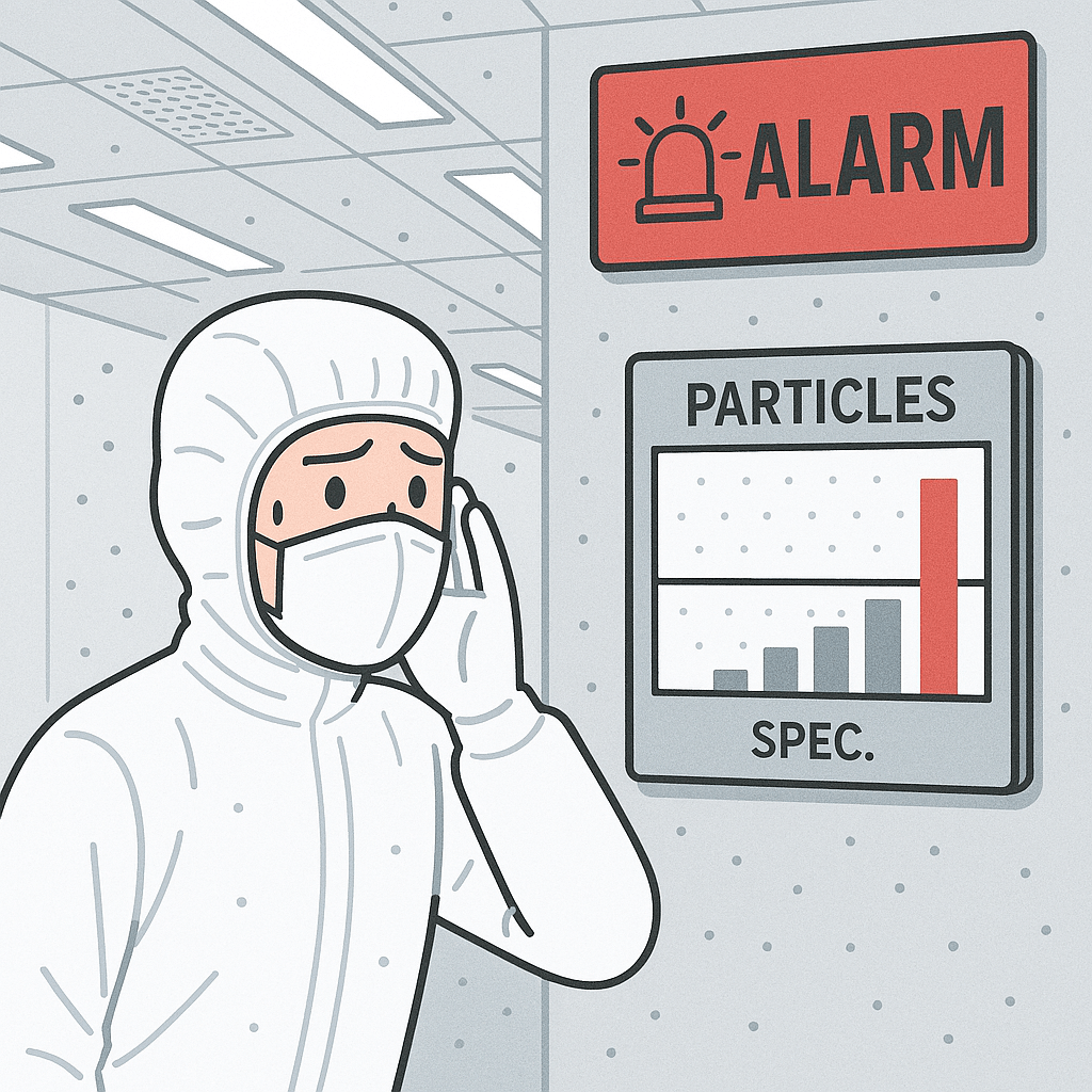 클린룸에서 오염 경보(Alarm) 기준이 기준 이상일 때 알람을 띄우는 인포그래픽 이해 그림입니다.