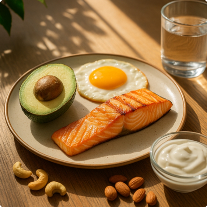 따뜻한 햇살 아래 놓인 연어, 달걀 프라이, 아보카도, 요거트가 담긴 건강한 식단 — 단백질과 비타민D가 조화를 이루는 식탁