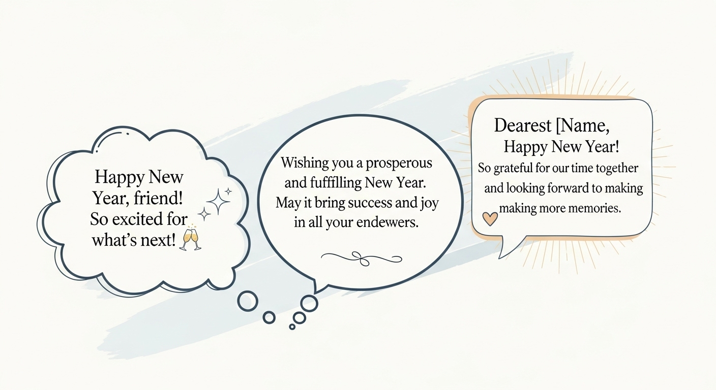 친구, 상사, 거래처 등 받는 사람에 따라 다른 신년 인사말 어조를 나타내는 말풍선 그림