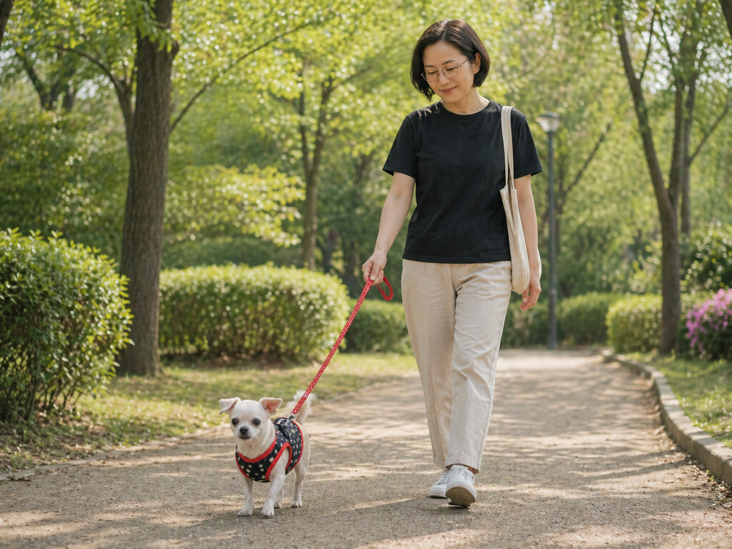 보호자와 천천히 걷는 노령견