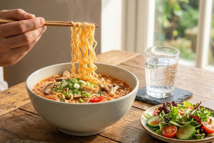 혈관 부담을 줄이기 위해 신선한 샐러드를 곁들인 고지혈증 관리용 건강한 라면 상 차림