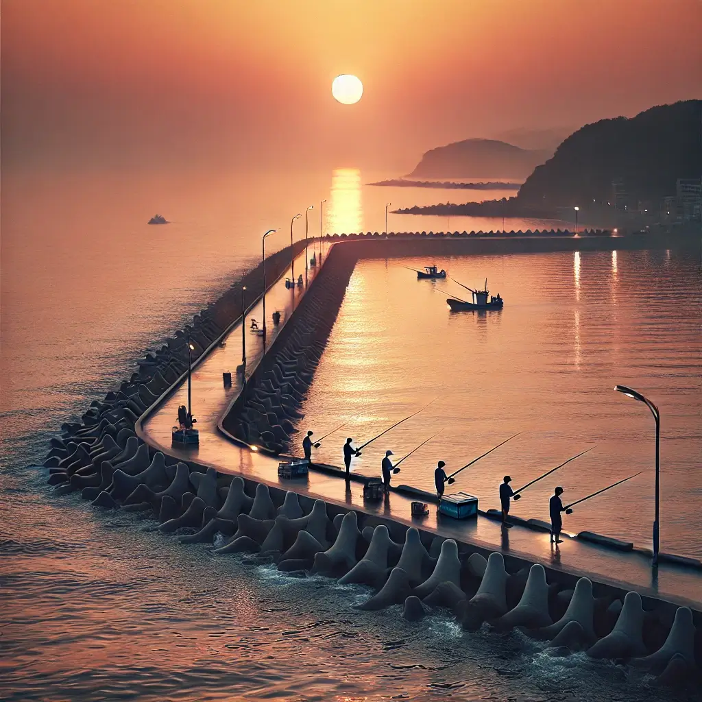 방파제에서 해질녘 낚시하는 장면