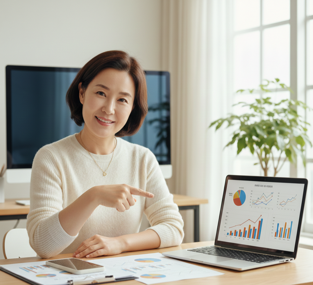 단정한 차림의 중년 여성이 노트북에 표시된 다양한 금융 그래프와 통계 자료를 가리키며 밝게 미소 짓고 있는 모습
