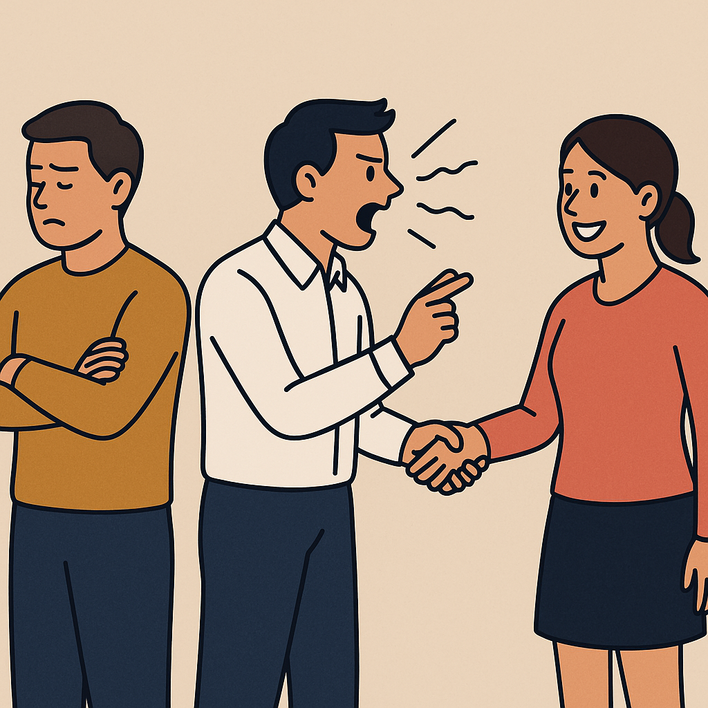 하나는 등을 돌리고 있고, 하나는 소리치며 말하고, 다른 하나는 웃으며 타협하는 세 사람이 나란히 있는 일러스트