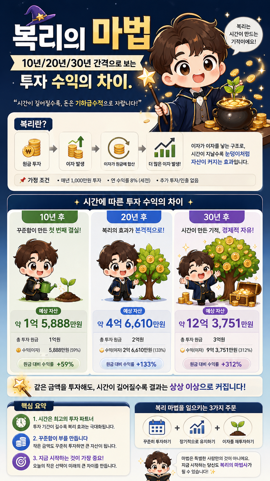 이마지파크를 이용해서 챗GPT로 생성된 '복리의 마법'을 설명하는 AI 인포그래픽